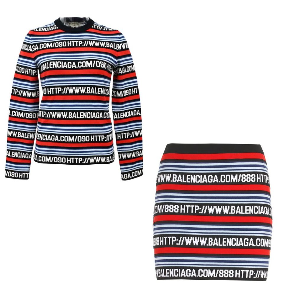 Balenciaga Knit Sweater Miniskirt Coords Multicolor Logo Striped Web Set 2 PC